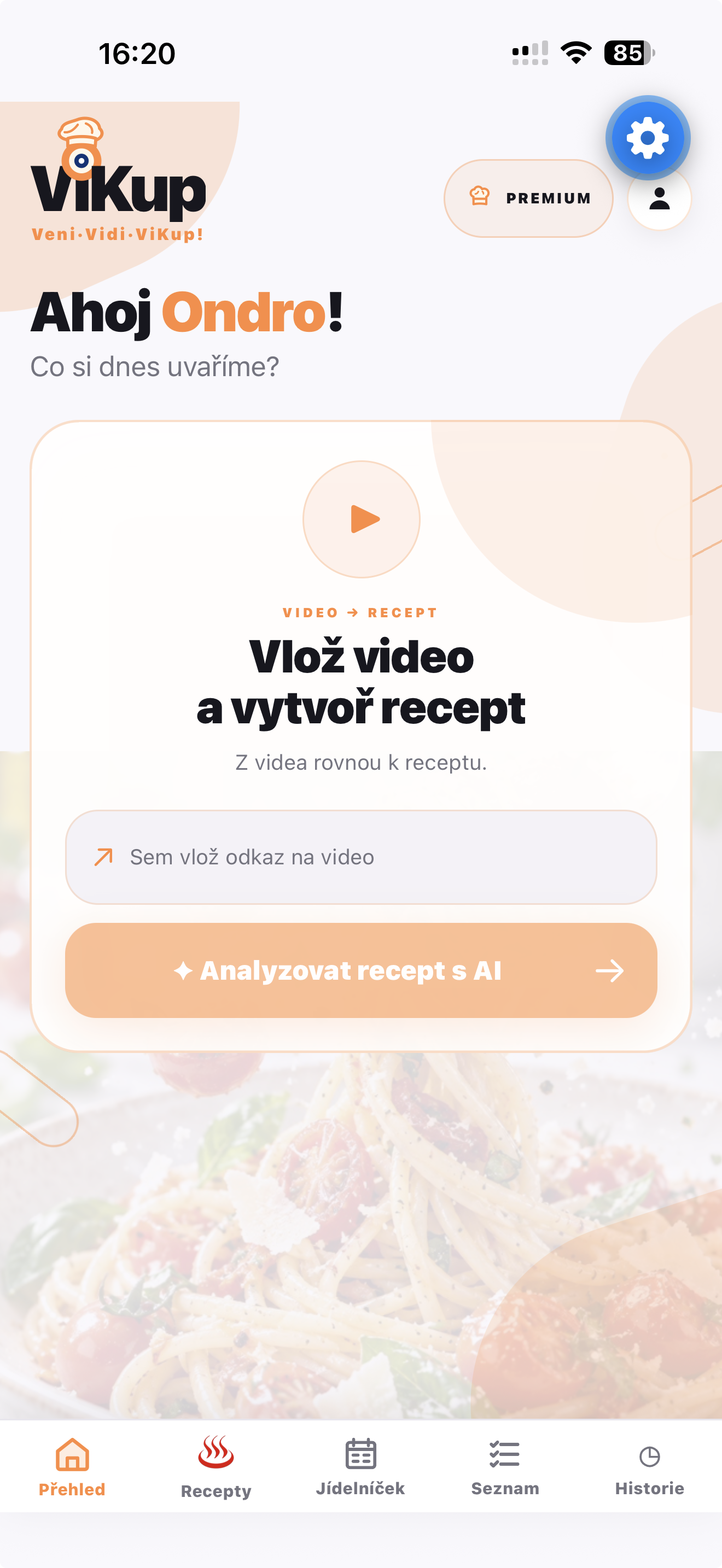 Domovská obrazovka aplikace ViKup s polem pro vložení odkazu na video